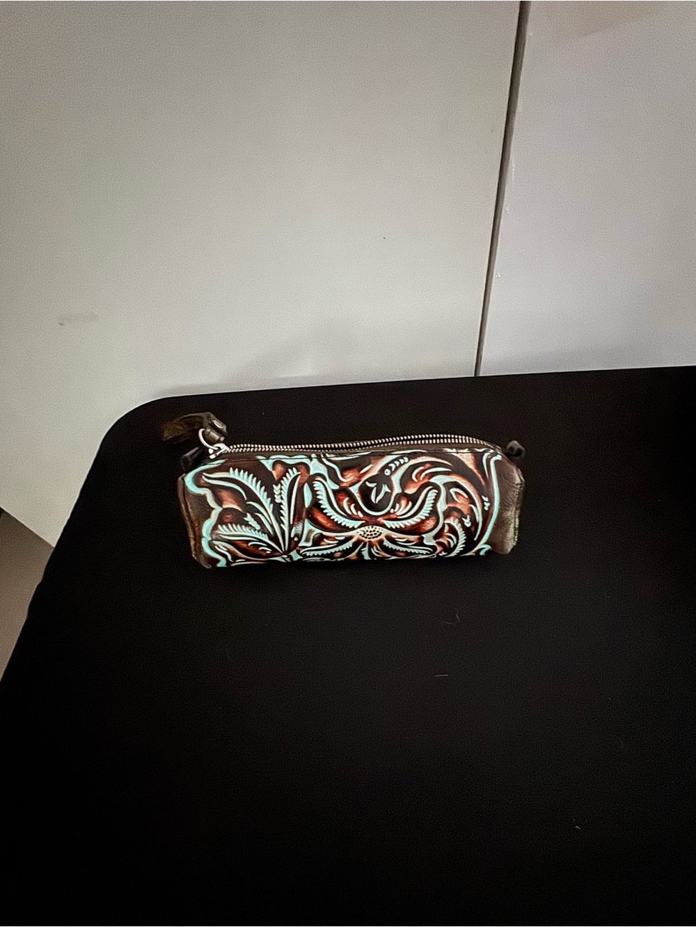 Patricia Nash Brown and Turquoise Floral Tooled Western Leather Wristlet Pouch